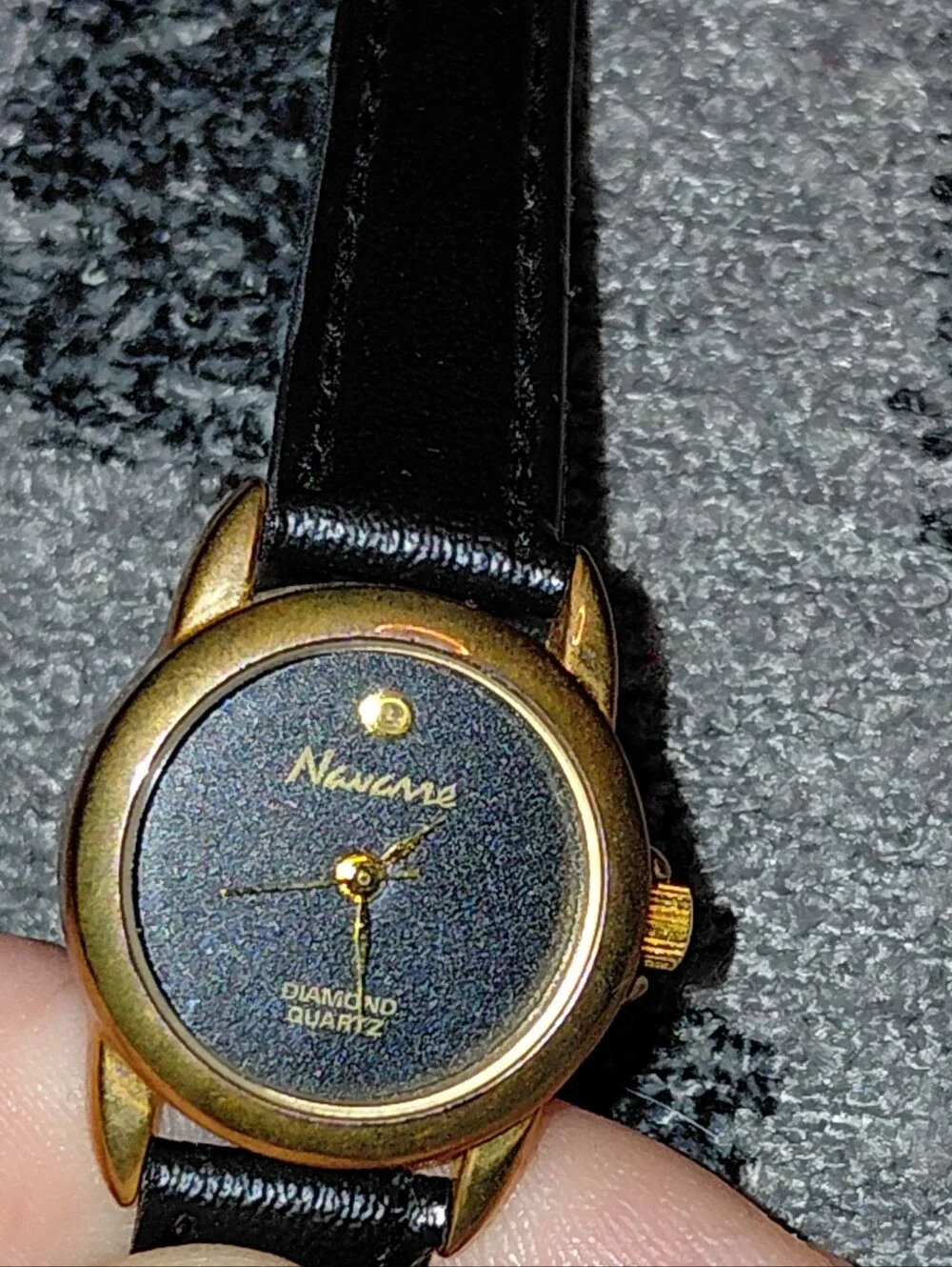 Vintage Navarre Diamond Quartz Watch Black Dial Gold Tone Leather Band CC